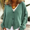Women's V-neck long sleeve knitted cardigan sweater in sage green with large buttons - S / Green