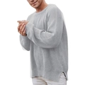 Men's grey crewneck sweater in thick ribbed knit with casual side slit design - M / Off-White