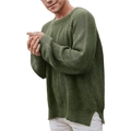 Detailed side view of green rib-knit men's sweater featuring split hem and crew neck - M / Army Green