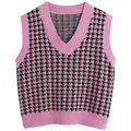 Women V-neck houndstooth knitted vest sweater in vibrant rose pink and black check - S / Rose Red