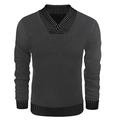 Men's V-neck shawl collar charcoal knit sweater with striped cuffs and hem - S / Dark Gray