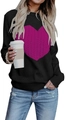 Black crewneck knit sweater featuring a prominent pink cable-knit heart pattern on the front - Black With Purple Heart