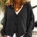Dark grey V-neck knit cardigan with three buttons and relaxed drop shoulder fit - S / Black