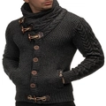 Detail of high neck dark grey knit cardigan with wooden horn buttons and cable knit texture - Dark Gray