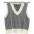 Women V-neck houndstooth knit vest in cream and black color with ribbed edges - S / Off White
