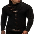 Close-up of black cable-knit wool cardigan showing wood toggle buttons and texture - Black