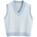 Light blue and off-white houndstooth knit sweater vest with V-neck and ribbed edges - S / Light Blue