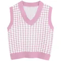 Women's V-neck knit vest in rose pink and white houndstooth pattern with ribbed trim - S / Pink