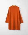 Detailed view of mock neck and soft knit texture on orange turtleneck sweater dress - S / Brick Red