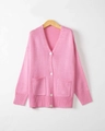 Women's pink knit cardigan sweater featuring a V-neck, front buttons and dual pockets - S / Pink