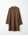 Close-up of the deep brown waffle knit texture and mock neck detail of the sweater dress - S / Brown