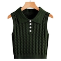 Dark green cable knit sleeveless sweater vest with polo collar and button details - S / Dark Green