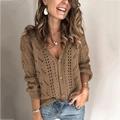Detailed macro view of the intricate crochet knit texture and V-neckline of this brown cardigan - S / Brown
