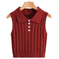 Burgundy cable knit sleeveless sweater vest with polo collar and white buttons - S / Burgundy
