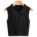 Women's black cable knit sleeveless polo sweater vest with buttons and ribbed hem - S / Black