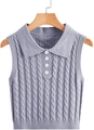 Close-up of lavender cable knit vest with polo collar and white buttons details - S / Light Purple