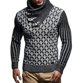 Men's turtle neck knit sweater with plaid pattern and leather toggle button accents - S / Black+White