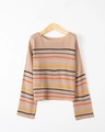 Retro striped knit sweater with camel base and colorful fine stripes on round neck top - S / Khaki