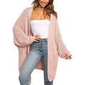 Women's long open front knit cardigan sweater with pocket in light pink textured fabric - Pink