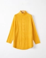 Detail of yellow cable knit pattern and ribbed neckline on turtleneck sweater - S / Yellow
