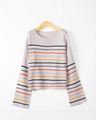 Women's casual long sleeve round neck sweater with colorful horizontal stripes in grey - S / Light Gray