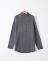 Detail showing cable knit texture and mock neck of this grey oversized batwing sweater - S / Dark Gray