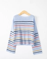 Women's crew neck striped knit sweater in light blue with multi-colored horizontal bands - S / Sky Blue