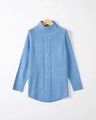 Detail of light blue turtle-neck sweater showing cable knit texture and ribbed cuffs - S / Tops / Sky Blue