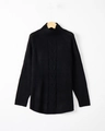 Detailed close-up of cable knit patterns and ribbed turtleneck on a black knit sweater - S / Black