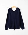 Detail of navy knit sweater featuring a wide V-neck and adjustable drawstring hemline - S / Dark Blue