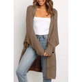Women long sleeve open knit cardigan sweater in solid tan brown with functional pockets - S / Khaki