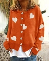 Orange knit cardigan with white heart patterns and large buttons for women - S / Orange