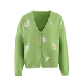 Detailed close-up of daisy embroidery and buttons on a green knit cardigan - S / Green