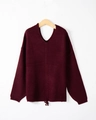 Burgundy V-neck knit sweater with center cable texture and drawstring hem detail - S / Burgundy