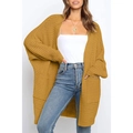Coarse knit mustard yellow oversized cardigan with large pockets and open front - S / Yellow