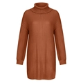 Close-up of caramel brown turtleneck knit dress showing thick ribbed texture and loose fit - S / Brick Red