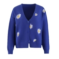 Royal blue V-neck knit cardigan for women with white daisy embroidery and blue buttons - S / Blue