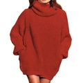 Detail of red oversized turtleneck knit dress showing thick ribbed texture and long sleeves - S / Brick Red