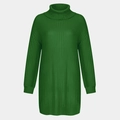 Detailed view of vertical ribbed knit texture on a dark green turtleneck sweater dress - S / Dark Green