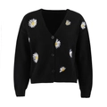Detail of white daisy embroidery and ribbed cuffs on black knit cardigan sweater - S / Black