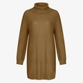 Close-up of dark brown ribbed knit texture on a high neck long sleeve sweater dress - S / Brown