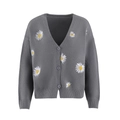 Women's grey knit cardigan sweater with white daisy embroidery and v-neck button design - S / Gray