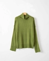 Dettaglio di maglione a maglia grossa verde erba con collo a lupetto e texture a coste - S / Verde Militare