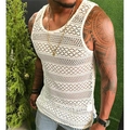Men's slim fit white crochet knit tank top featuring breathable diamond cutout patterns - S / Off White