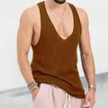 Camiseta de tirantes de punto para hombre en color mostaza con cuello en U profundo y holgado - M / café
