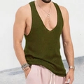 Camiseta de tirantes de punto verde oliva para hombre con cuello en V profundo - M / Verde Militar