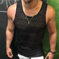 Men's black slim-fit tank top with hollow-out geometric mesh for summer breathable style - S / Black