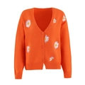 Detail of orange knit cardigan with white daisy embroidery and three buttons closure - S / Orange