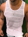 Detail shot of men's slim fit tank top with pink geometric crochet hollow out knit texture - S / Pink