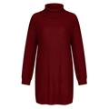 Close-up of wine red turtleneck knit dress with vertical ribbed texture and long sleeves - S / Burgundy